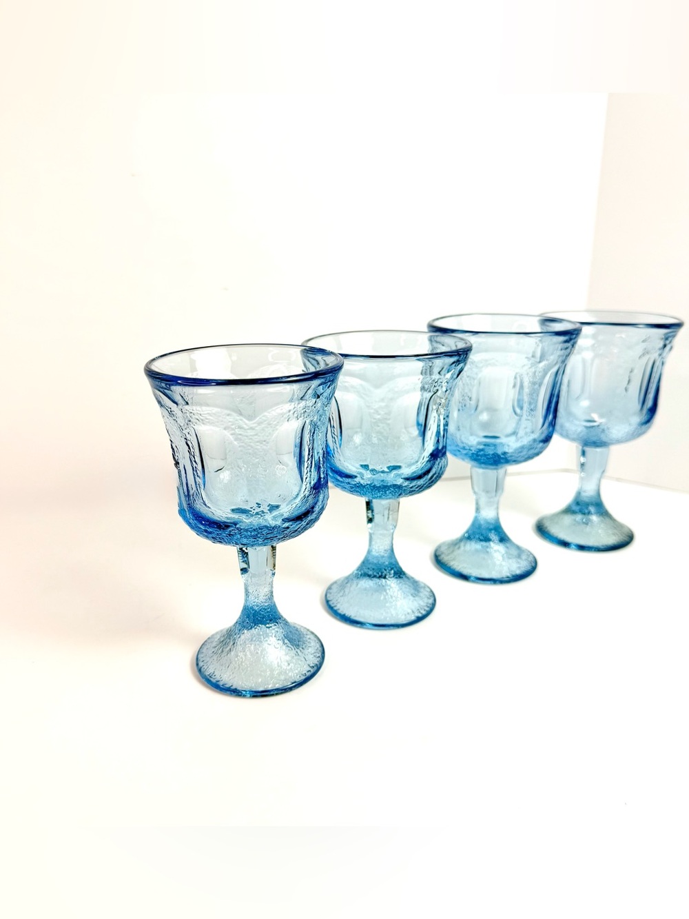 (4) Vintage Fostoria Woodland Blue Wine Glasses Goblets Stemmed Light Blue MCM